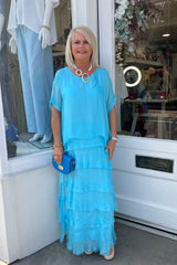 Aqua Overlay Tiered Silky Maxi Dress