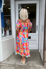 Rainbow Geometric Bardot Printed Midi Dress