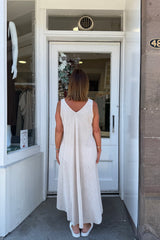 Sand Beige Double Vneck Sleeveless Cotton Dress