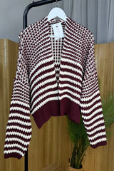 Burgundy And White Chunky Balloon Sleeve Cardigan