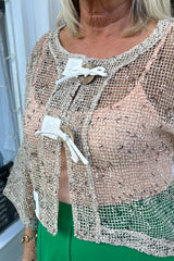 Ecru Mesh Cardigan Wooden Button Detail