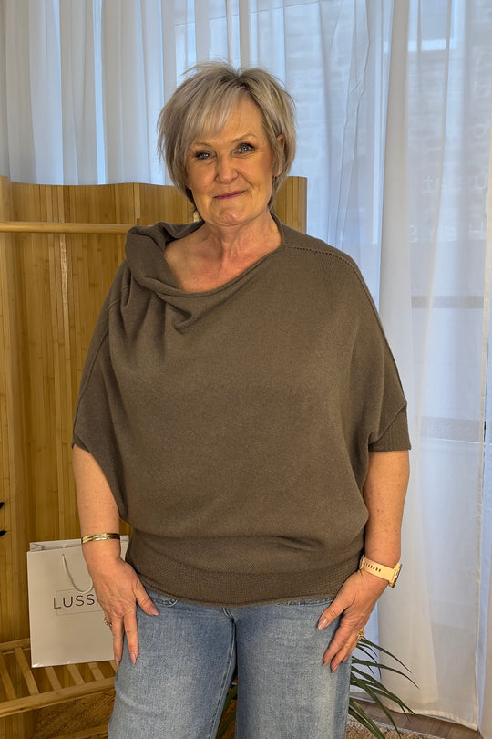 Taupe Asymmetric Short Sleeve Slouch Knit