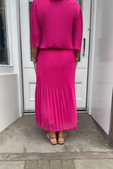 Cerise Pink Plain Vneck Maxi Plisse Dress