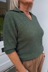 Khaki Green Short Sleeve Knitted Polo Top