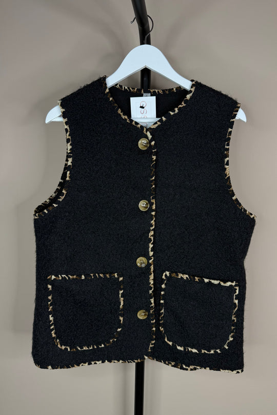 Leopard Trim Gilet Black
