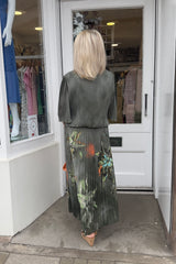 Khaki Green Floral Vneck Printed Maxi Plisse Dress