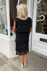 Black Short Sleeveless Tiered Silky Maxi Dress