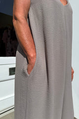Taupe Wide Leg Jumpsuit With Gold Detail