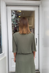 Khaki Green Plain Vneck Maxi Plisse Dress