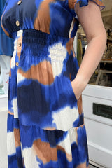 Navy and Tan Tie Dye V-neck Printed Maxi Dress