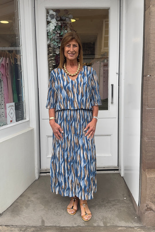 Blue Wavy Vneck Printed Maxi Plisse Dress