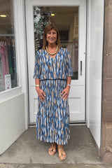 Blue Wavy Vneck Printed Maxi Plisse Dress