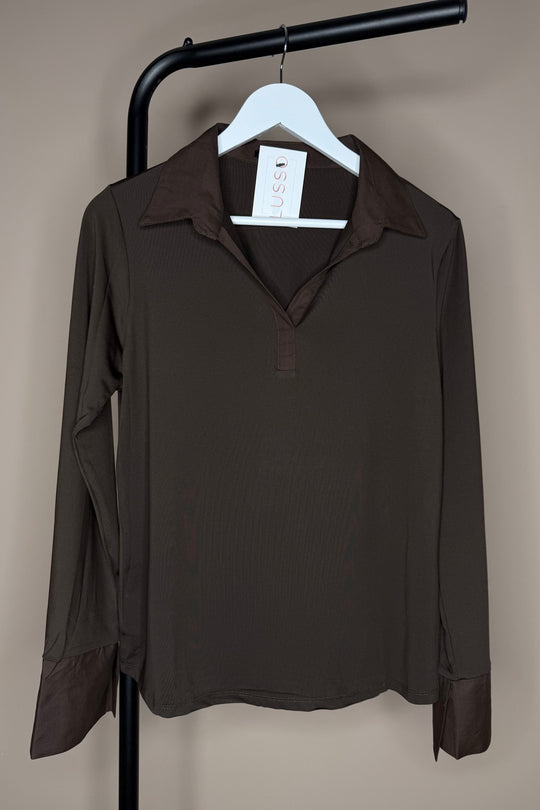 Chocolate Brown Stretch Cotton Collar & Cuffs Blouse