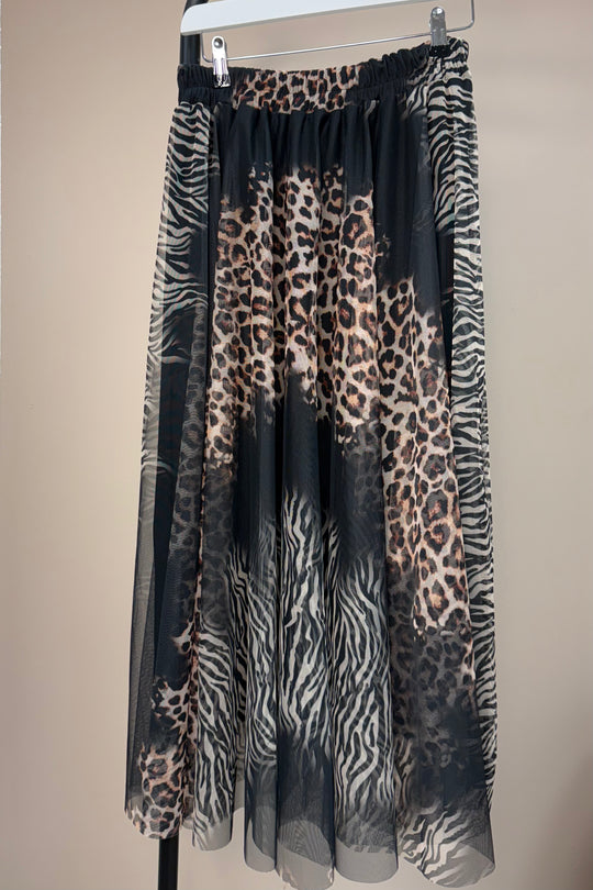 Mixed Animal Printed Tulle Maxi Skirt