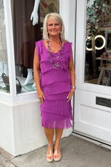 Magenta Short Sleeveless Tiered Silky Maxi Dress