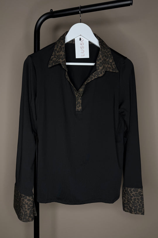 Black Leopard Trim Stretch Cotton Collar & Cuffs Blouse