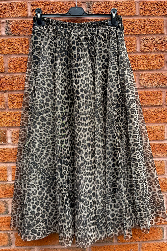 Beige Mini Leopard Printed Tulle Maxi Skirt