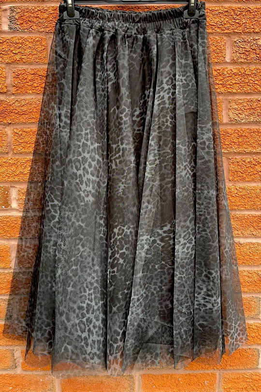 Black Grey Leopard Printed Tulle Maxi Skirt