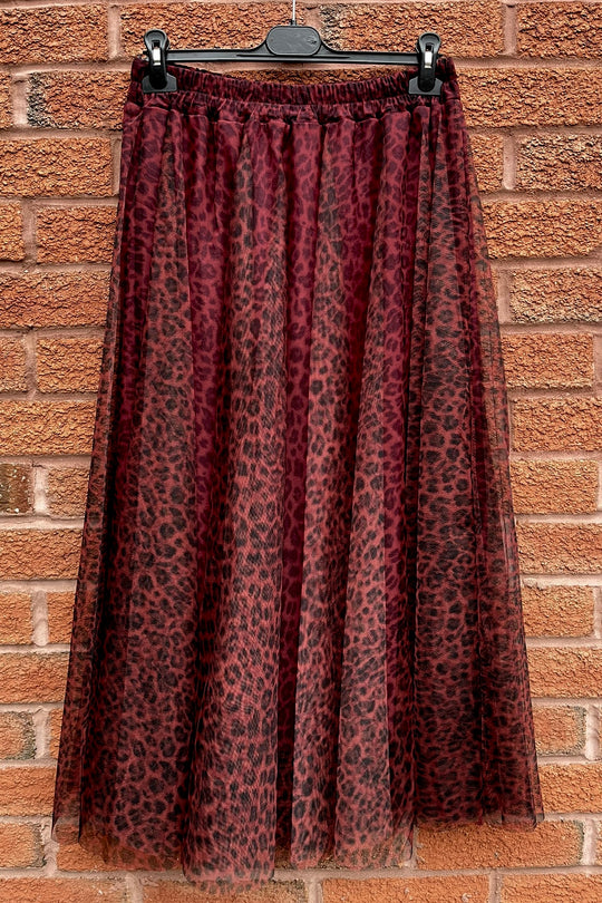 Burgundy Leopard Printed Tulle Maxi Skirt