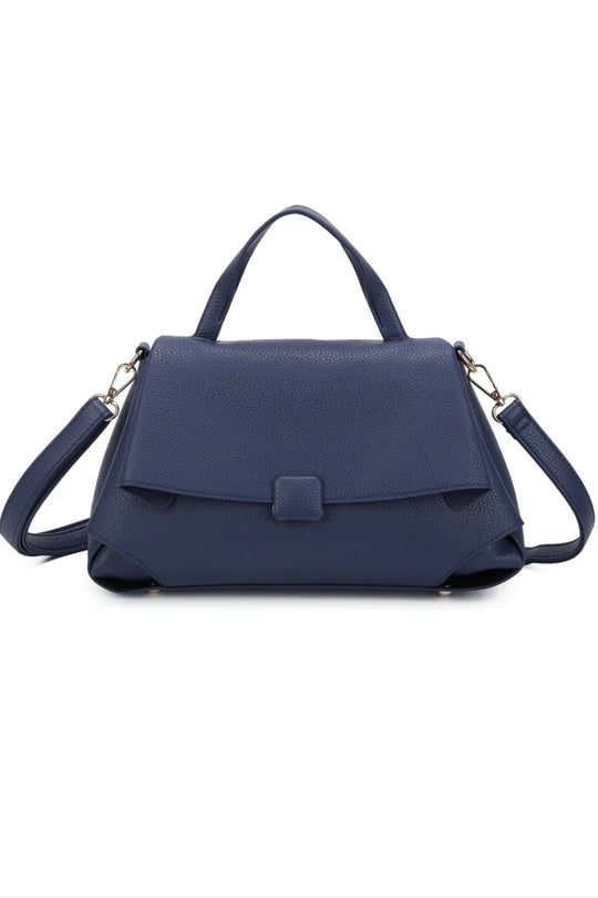 Navy Blue Structured Faux Leather Top Handle Satchel Bag