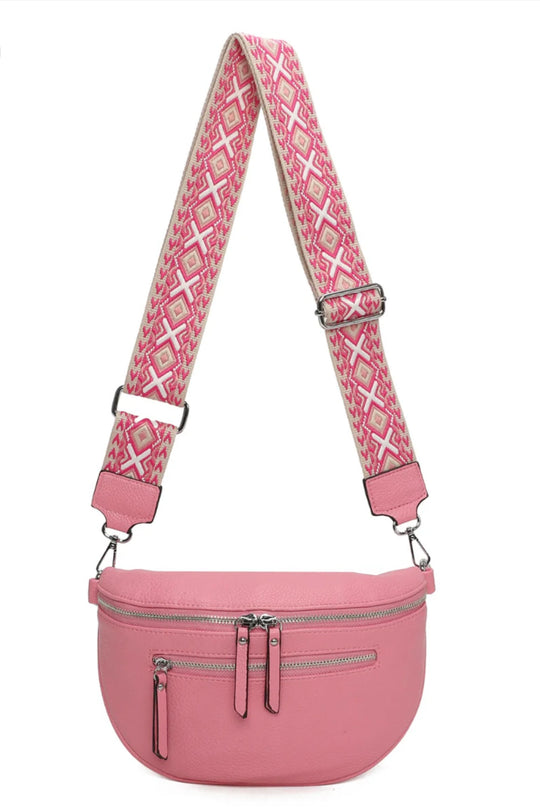 Flamingo Pink Crossbody Sling Bag with Patterned Strap