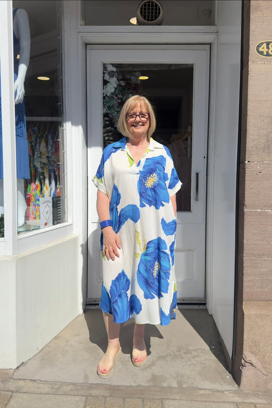 Royal Blue Bloom Oversized Floral Shirt Dress