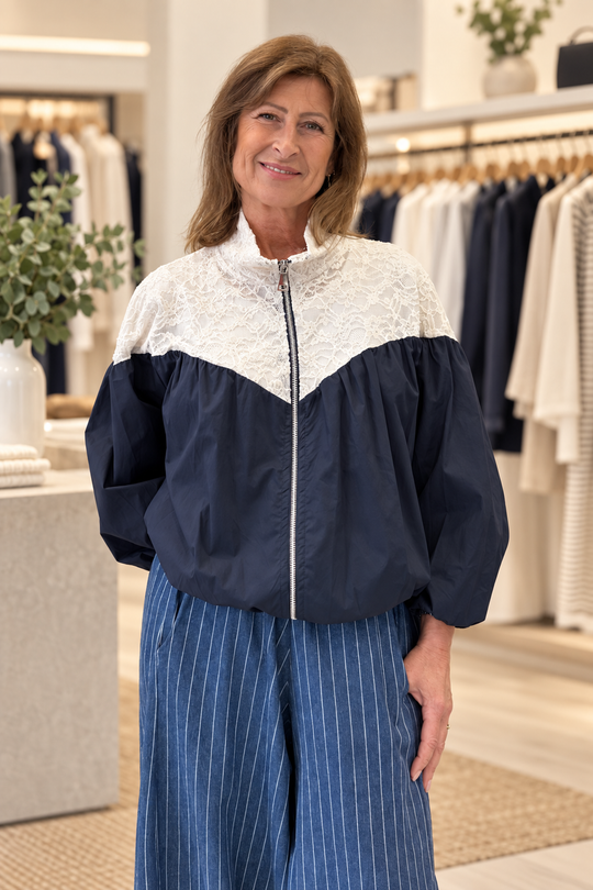 Off Duty Navy And Cream Lace Top Jacket
