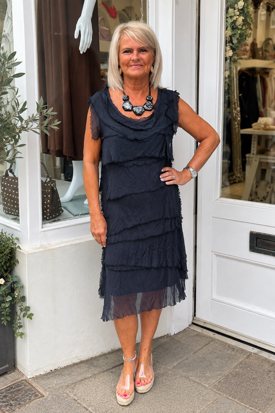Navy Blue Short Sleeveless Tiered Silky Mini Dress