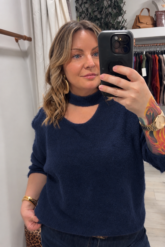 Sandra Navy Blue Split Neck Knit