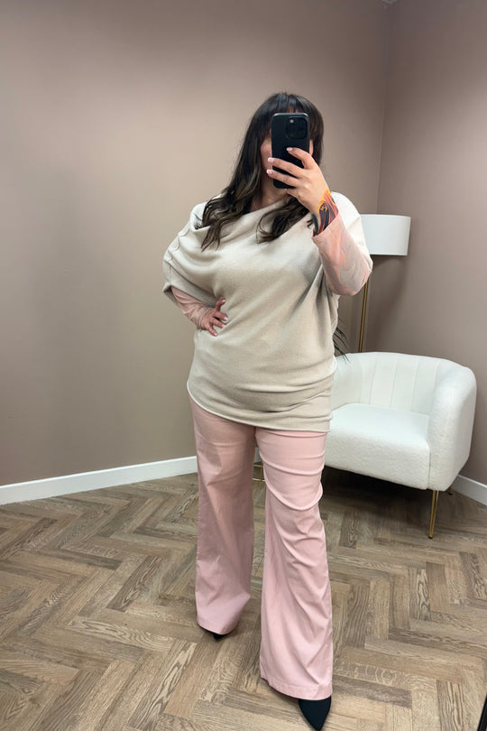 Beige Asymmetric Short Sleeve Slouch Knit Top