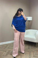 Cobalt Blue Asymmetric Short Sleeve Slouch Knit Top