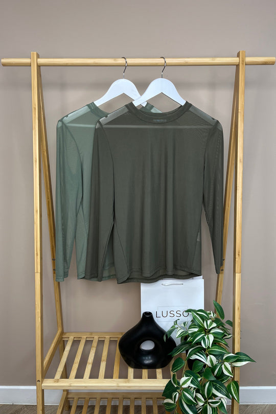 Khaki Green Long Sleeve Mesh Layering Top