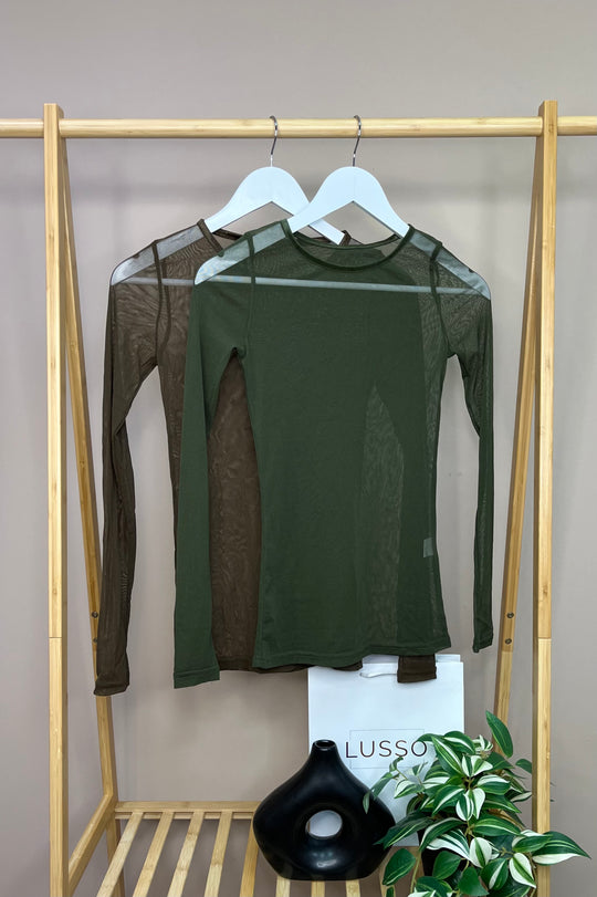Khaki Long Sleeve Mesh Layering Top (Smaller Size)
