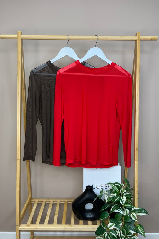 Red Long Sleeve Mesh Layering Top