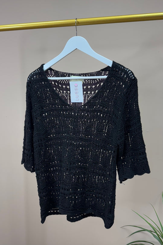 Black V-Neck Crochet Jumper