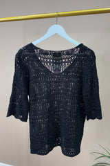 Black V-Neck Crochet Jumper