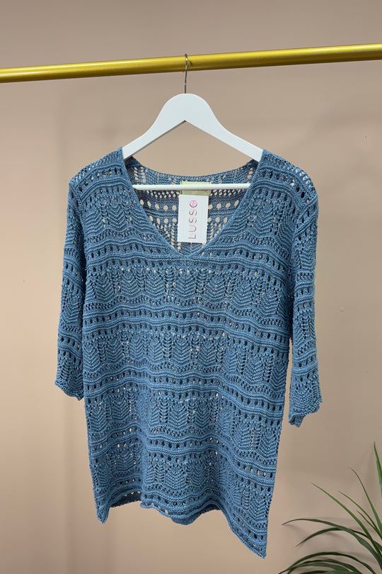 Denim Blue V-Neck Crochet Jumper