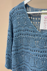Denim Blue V-Neck Crochet Jumper