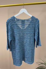 Denim Blue V-Neck Crochet Jumper
