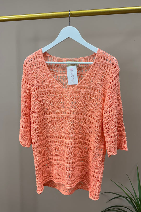 Coral V-Neck Crochet Jumper