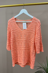 Coral V-Neck Crochet Jumper