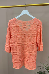 Coral V-Neck Crochet Jumper