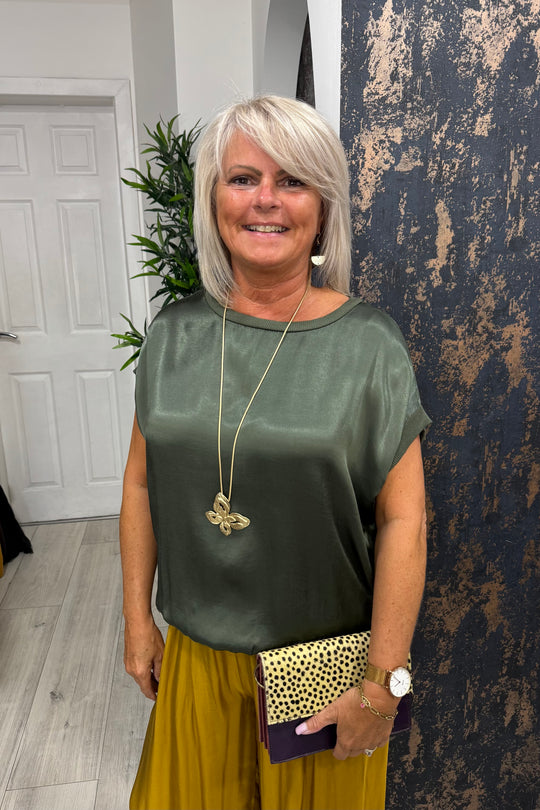 Khaki Boxy Satin Top