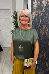 Khaki Boxy Satin Top