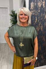 Khaki Boxy Satin Top
