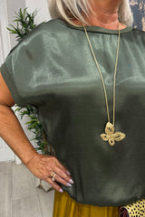 Khaki Boxy Satin Top