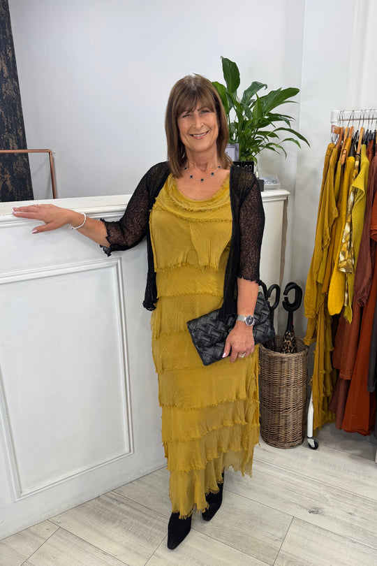 Mustard Tiered Silky Maxi Dress