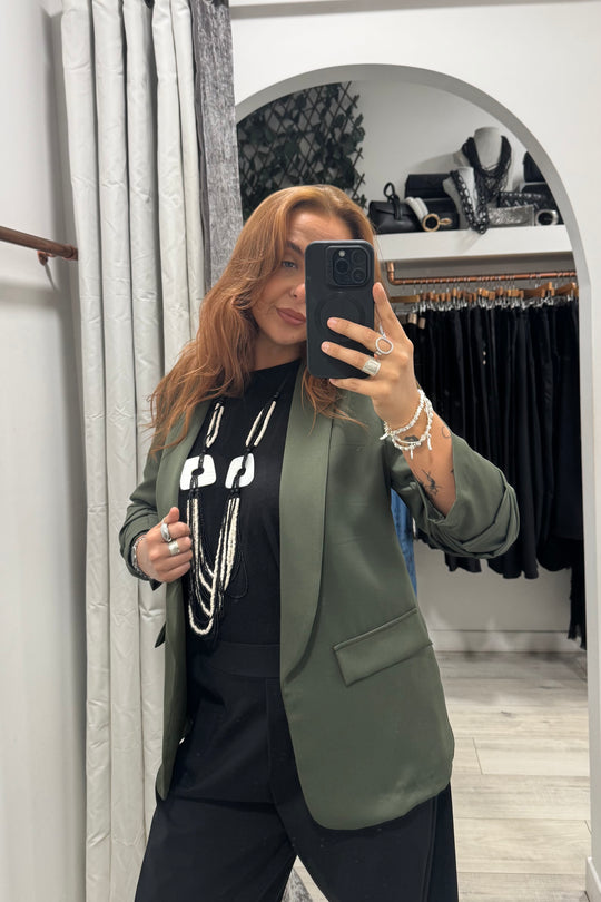 Khaki Ruched Sleeve Blazer