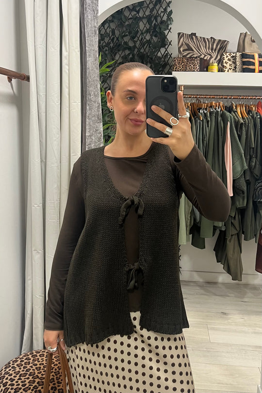 Chocolate Knitted Tie Front Gilet
