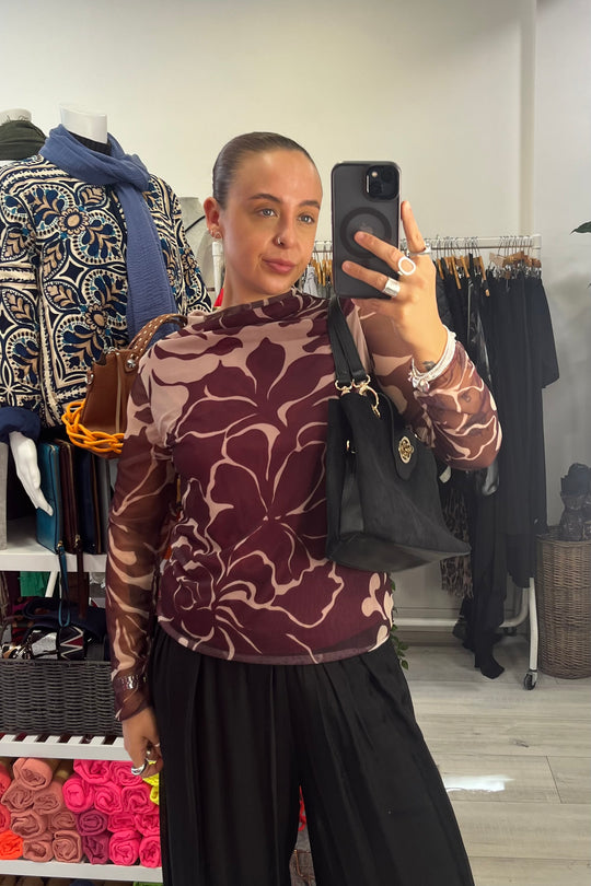 Burgundy Lined Flower Printed Mesh Top
